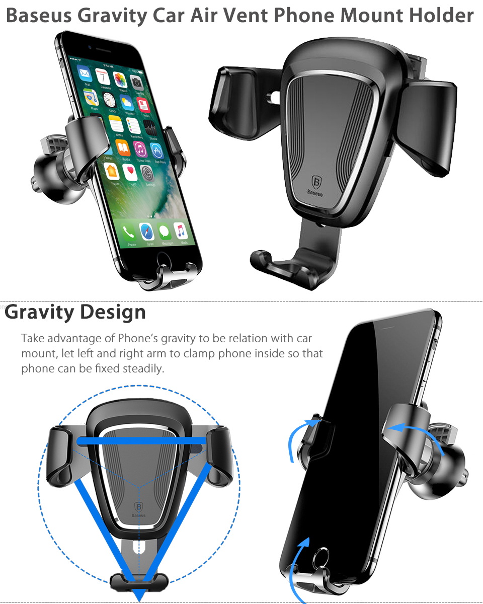 Baseus 360° Universal Gravity Air Vent Car Mount Holder Cradle for Phone GPS New