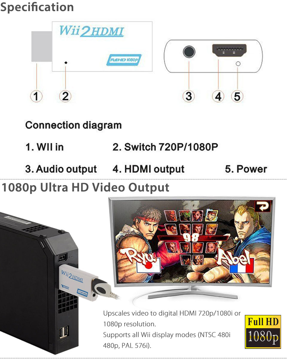  Wii To HDMI 720P 1080P Upscaling Converter Adapter with 3.5mm Audio Output