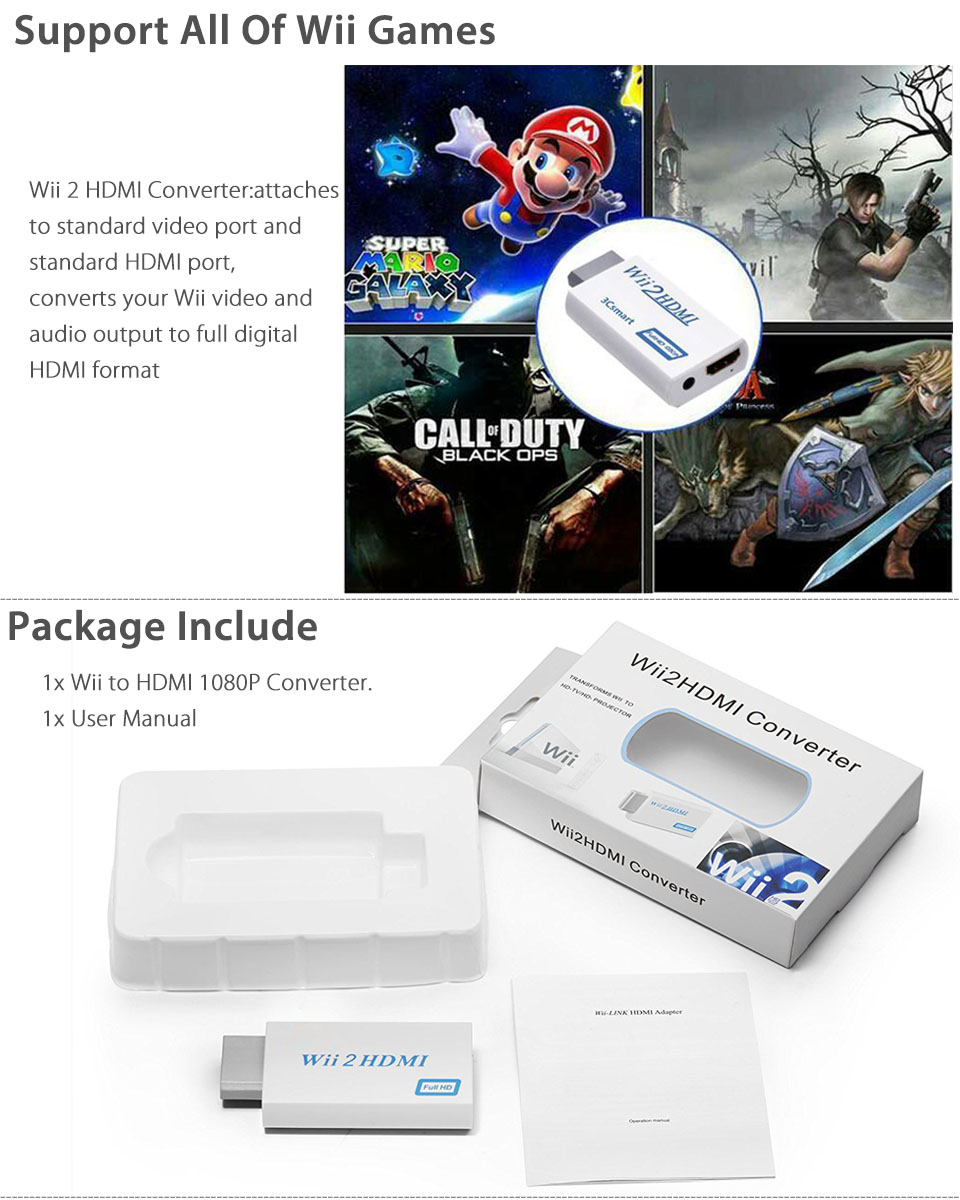  Wii To HDMI 720P 1080P Upscaling Converter Adapter with 3.5mm Audio Output