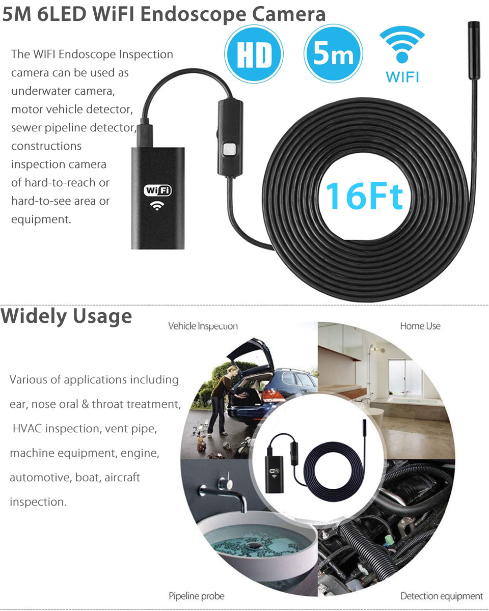 5M 6LED Waterproof WiFI Endoscope Borescope Inspection Camera for