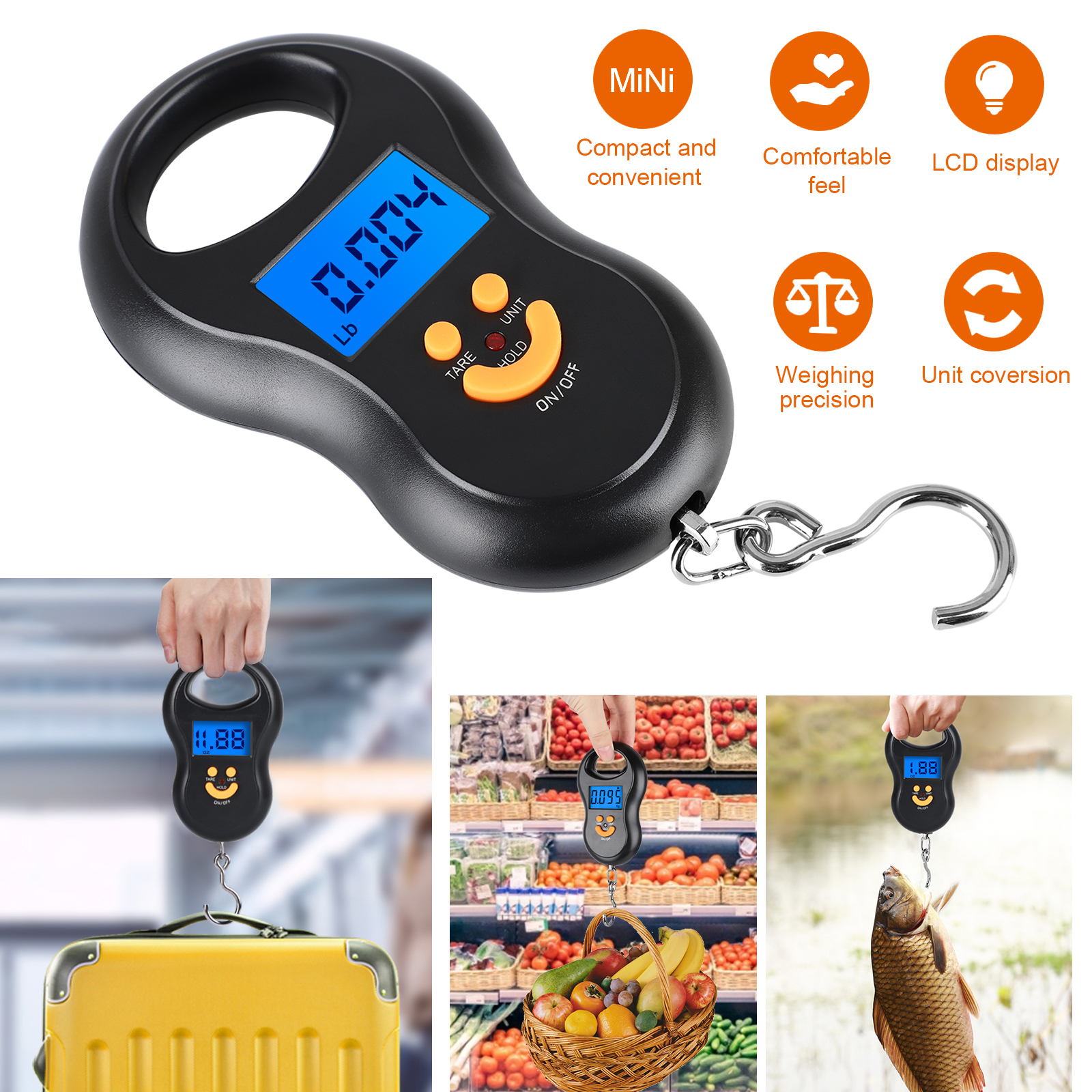 Digital Fish Scale Hanging Hook LCD small mini Portable Luggage Weight 110 LB 
