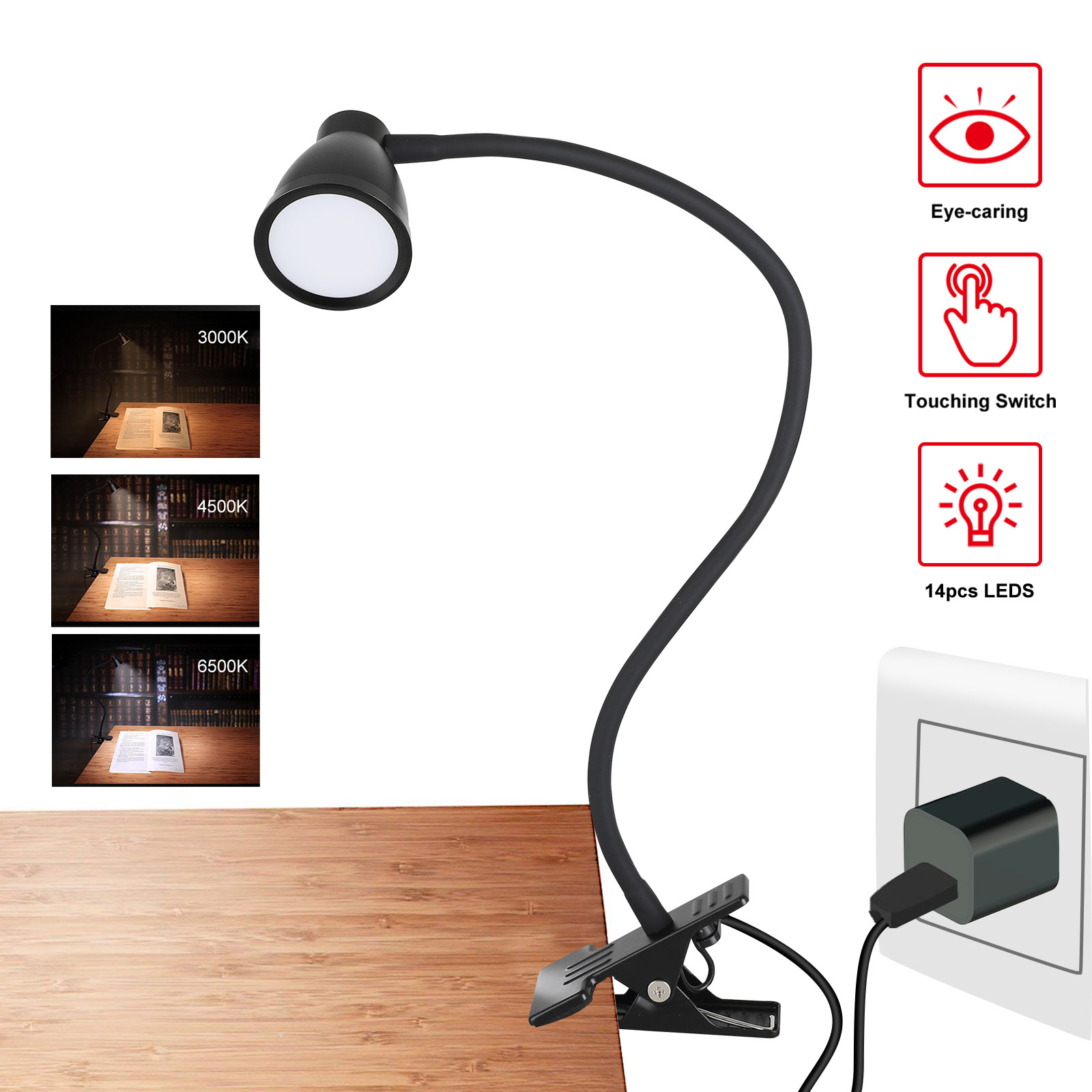 USB Flexible Reading LED Lamp Clip-on Bed Desk Table Book Light 3w