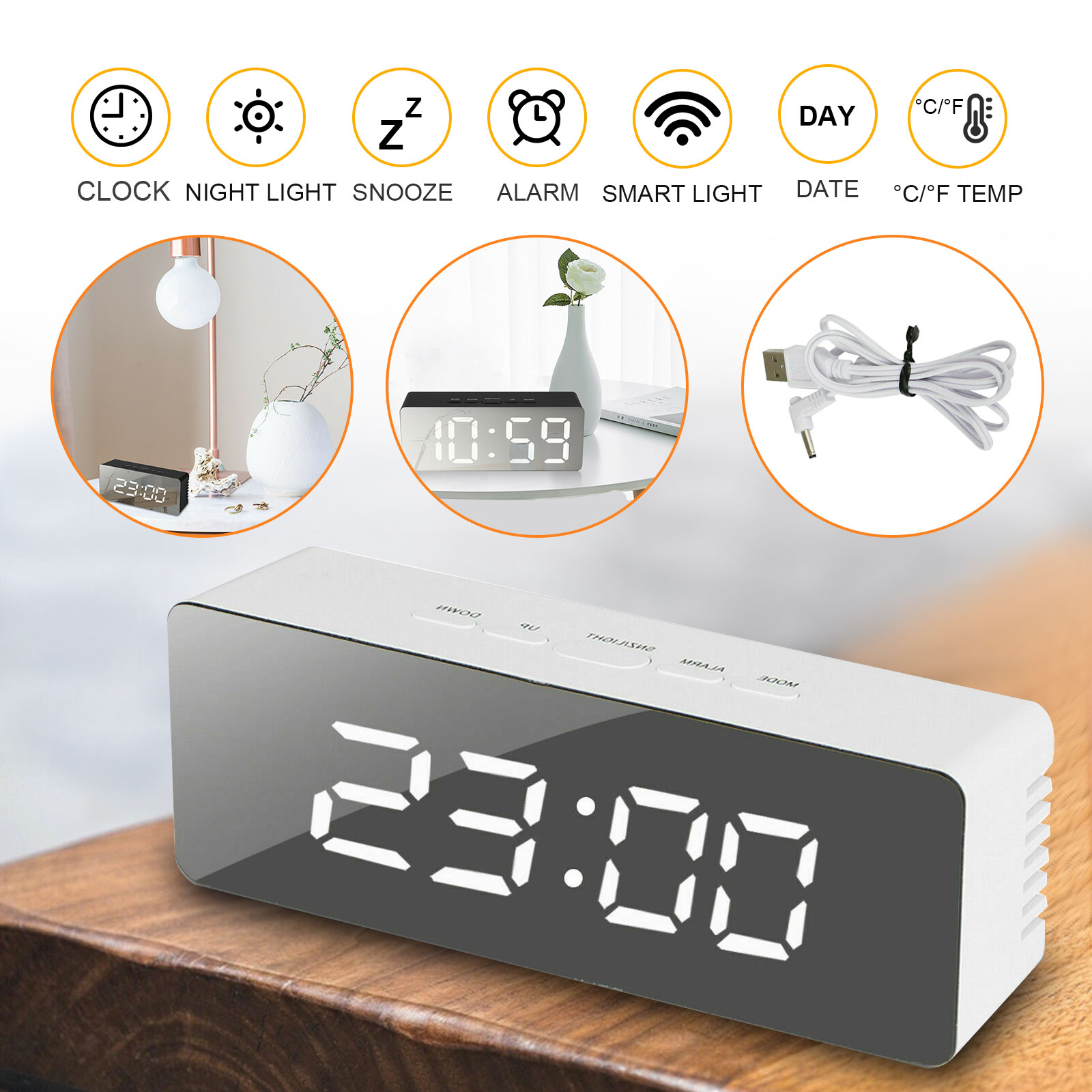 USB Rechargeable Mirror LED Alarm Clock Night Lights Thermometer Digital Clock 