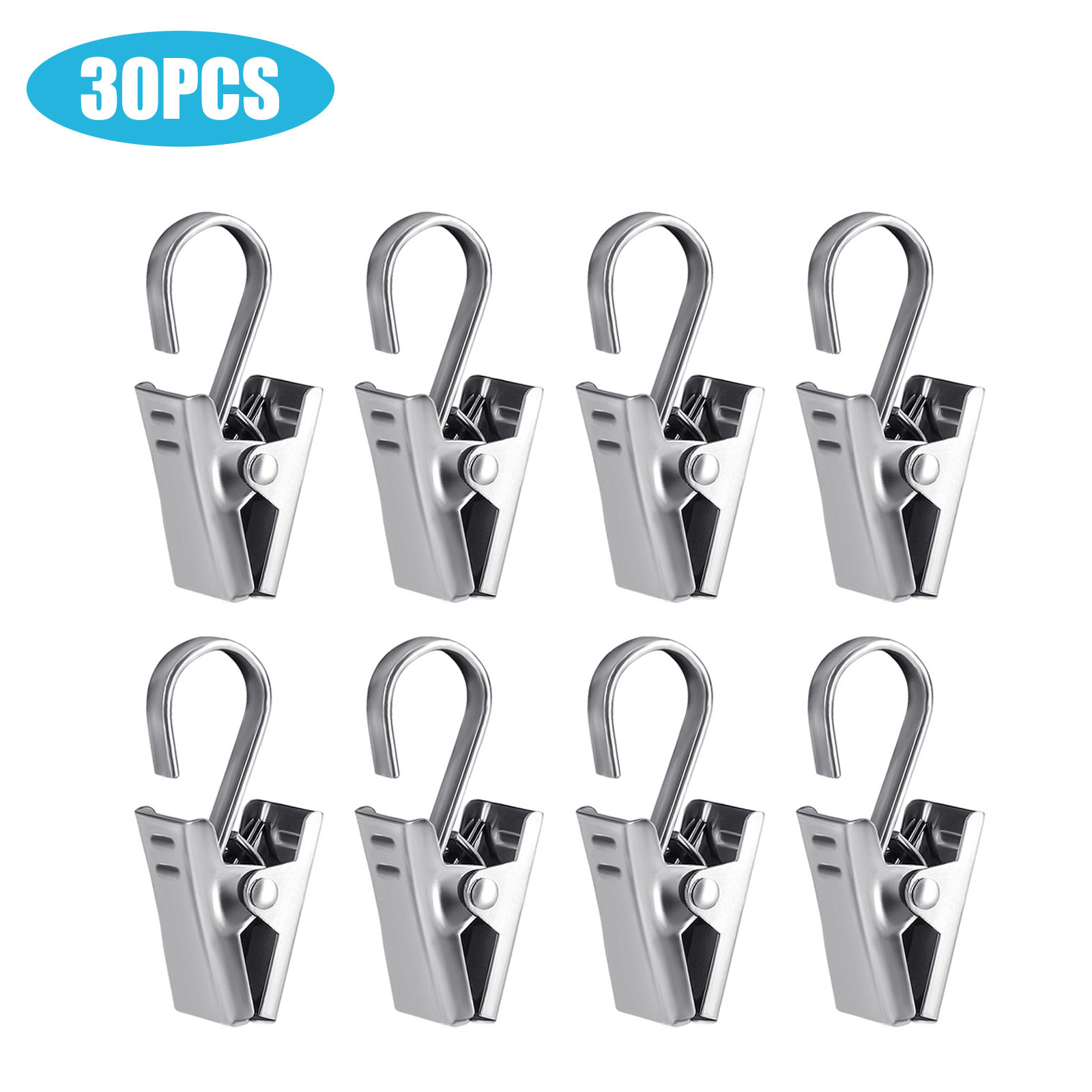 30Pcs Stainless Steel Curtain Clips Metal Hanging Hooks Home Window Rings Clamps 