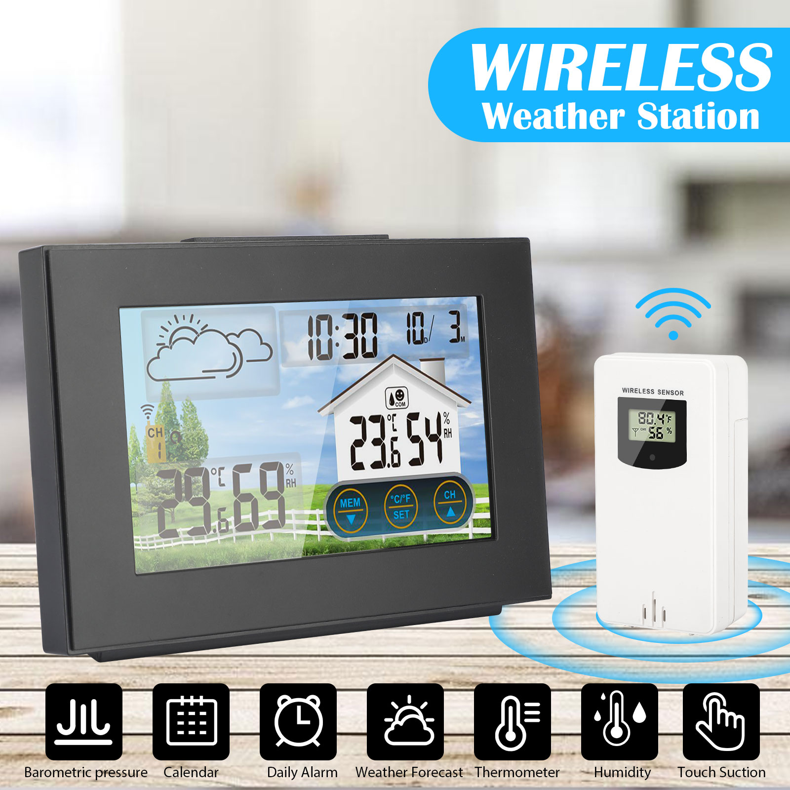Digital LCD Indoor Outdoor Weather Station Clock Calendar Thermometer Wireless