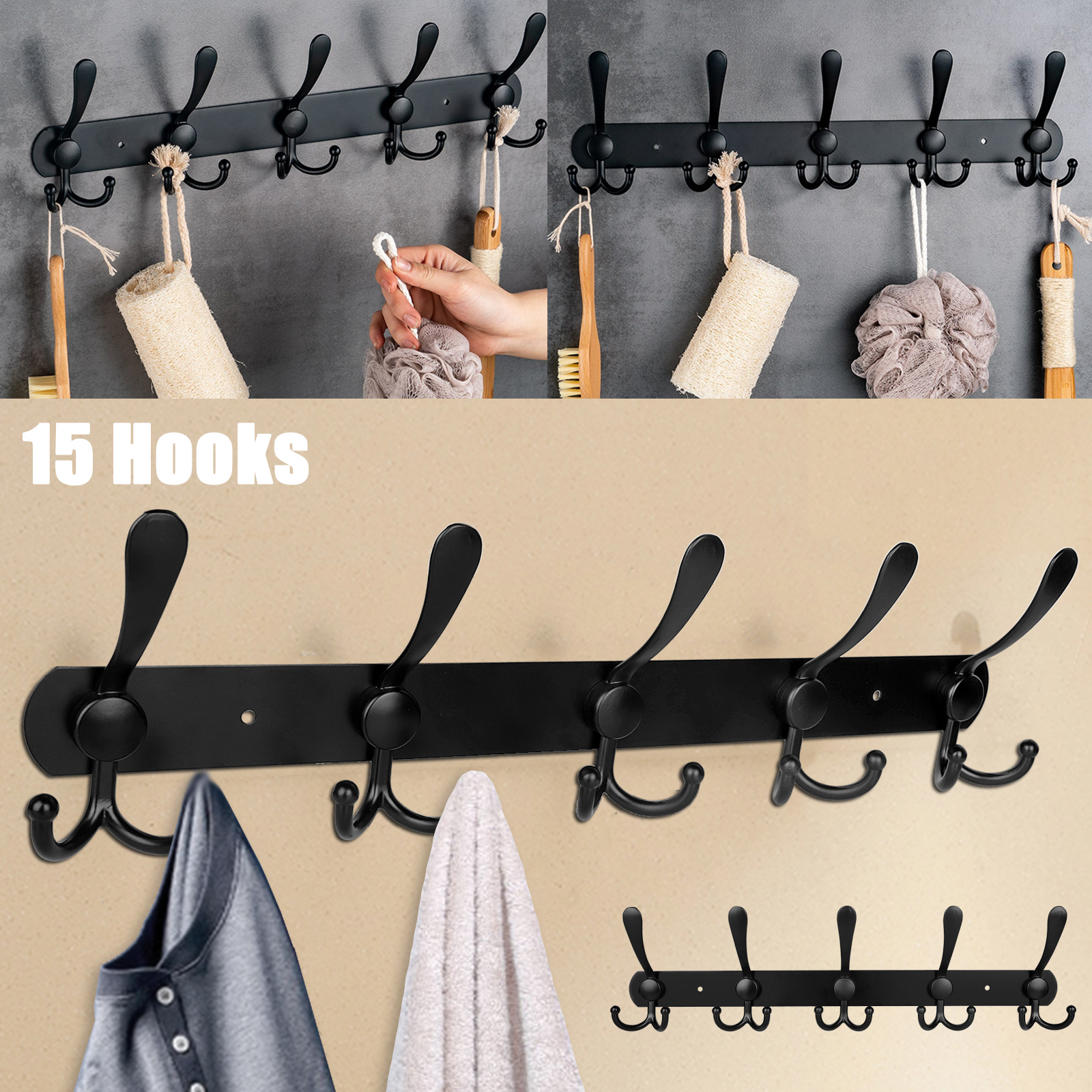 Cap Key Towel PietyPet 15 Pieces Double Prong Robe Hook Cloth Hanger and 10 Pieces Heavy Duty Dual Coat Hooks Wall Mounted with Screws for Coat Black Cup Bag Hat Scarf 