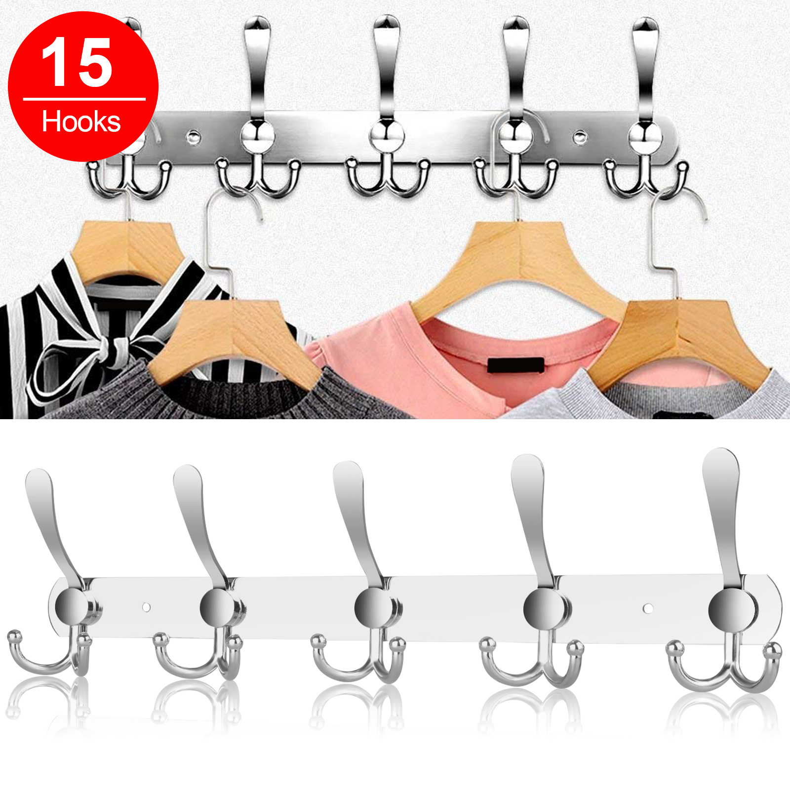Wall Mount Key Rack Hanger Holder 15 Hook Coat Robe Hat Towel Clothes Organizer