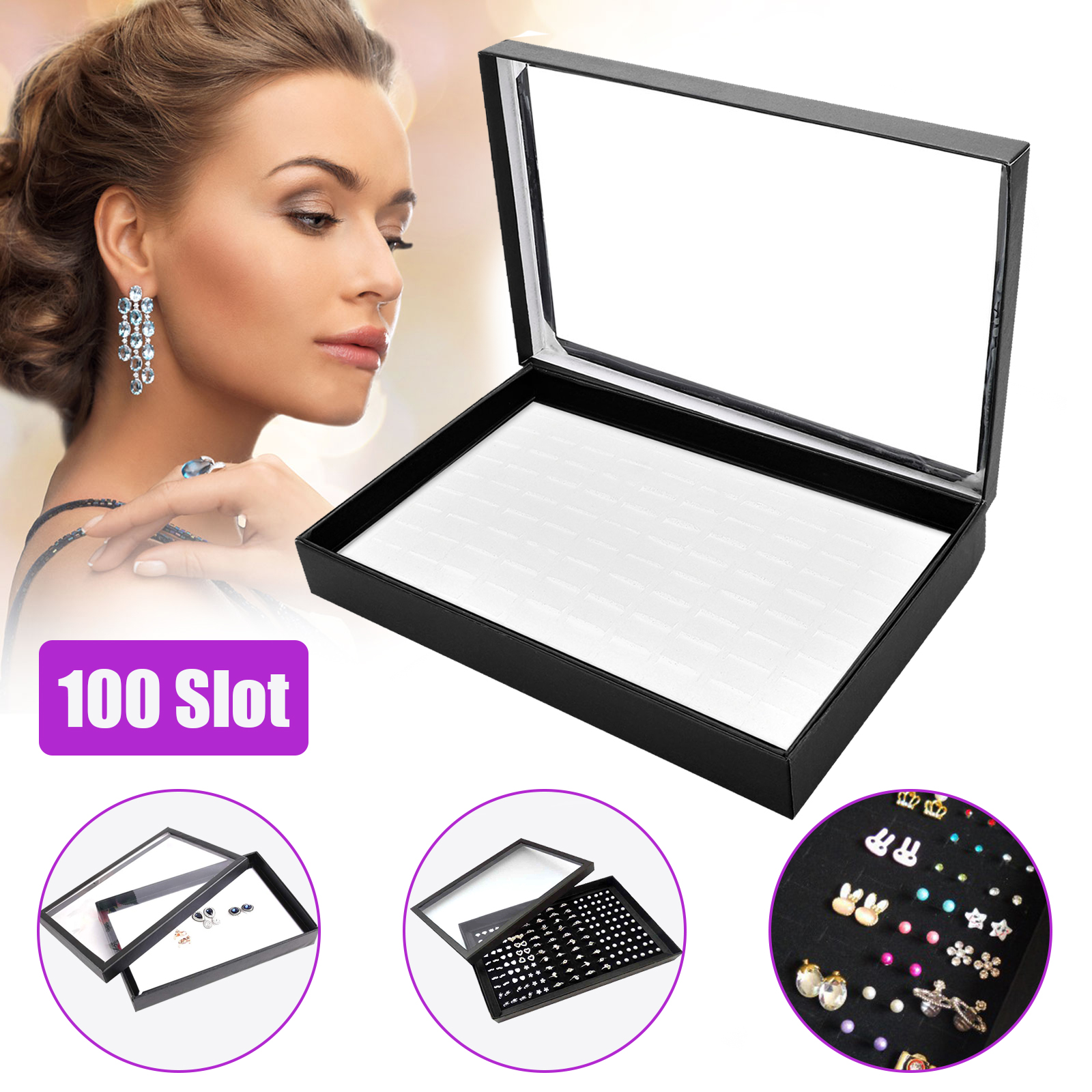 100 Slots Jewelry Ring Display Organizer Case Gift Holder Earring Storage Box US