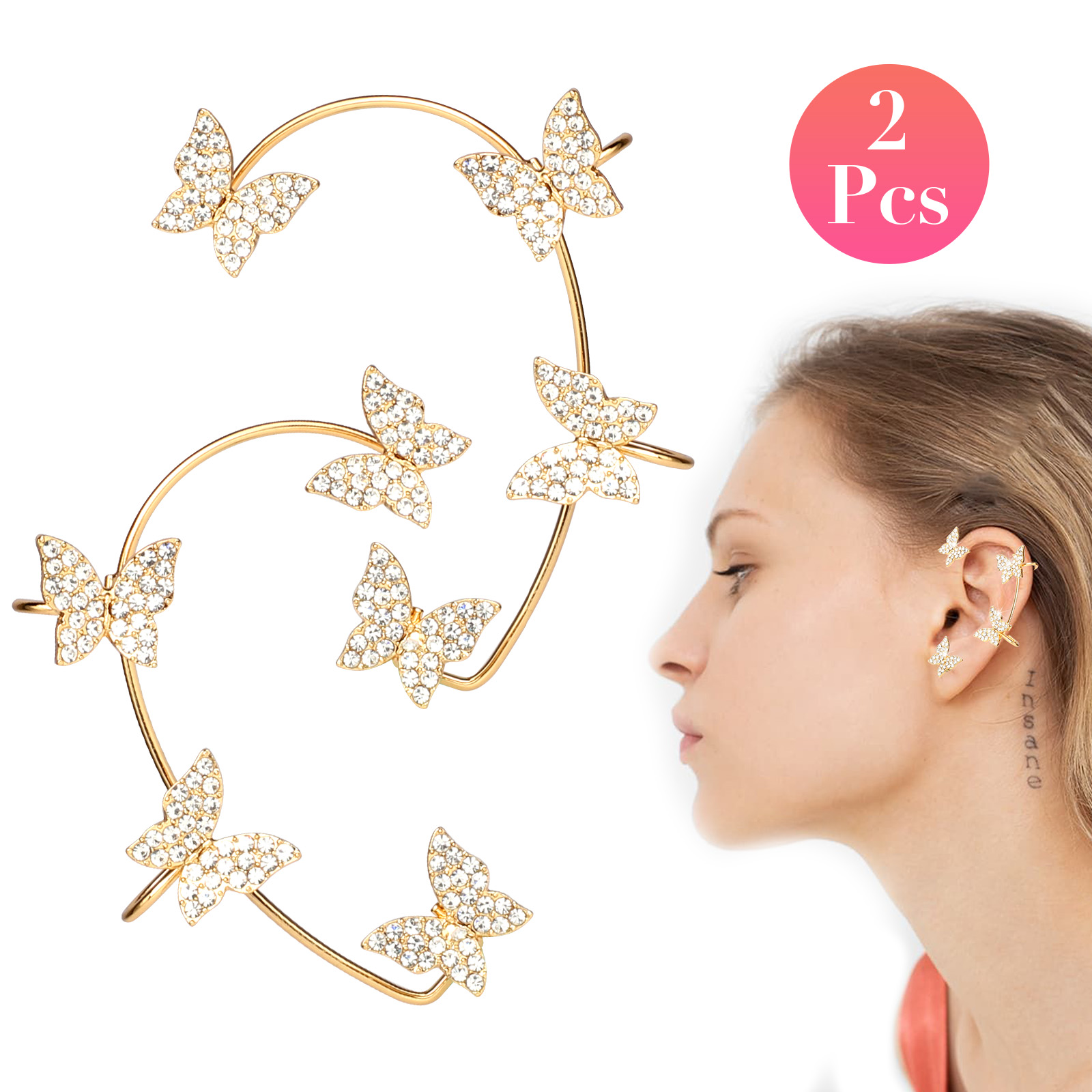 2Pcs Fashion Butterfly Ear Clips Zircon Earrings Non Piercing Cuff Women Jewelry