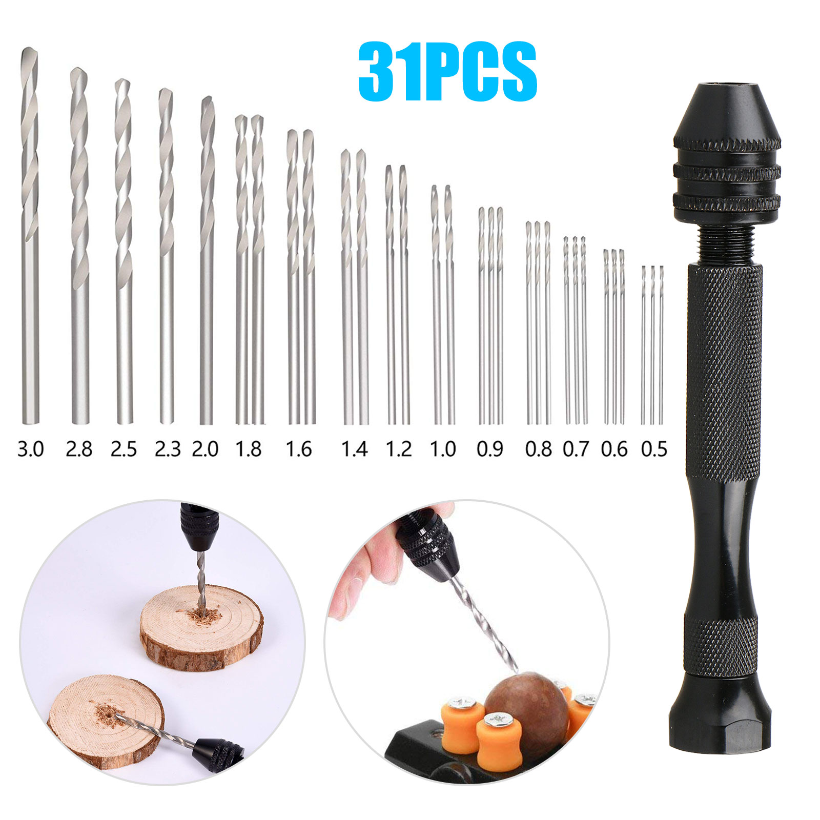 31 Pcs Precision Drill Bits Hand Mini Micro Twist Rotary Tools PinVise