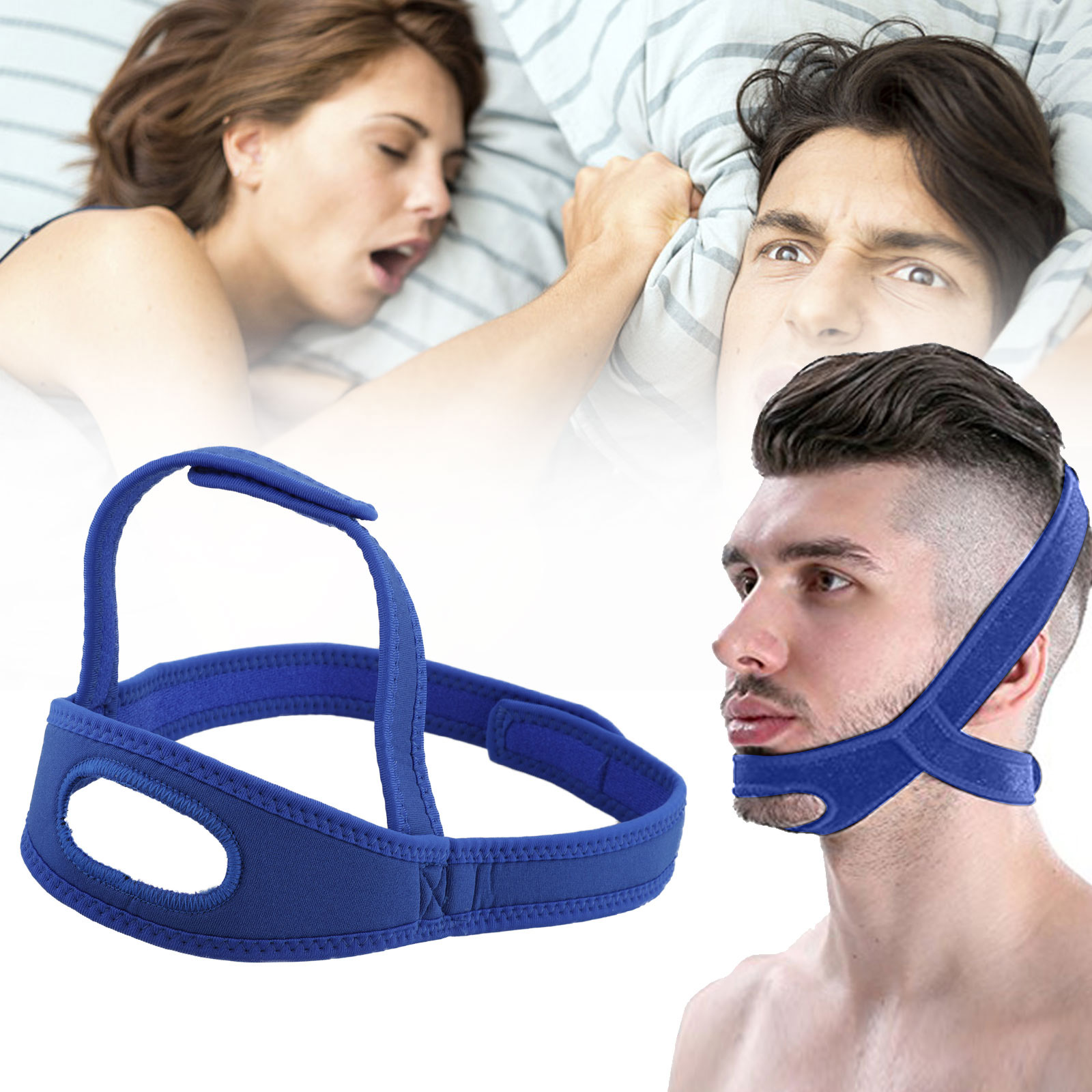 Snore tope cinturón anti ronquidos CPAP correa de barbilla mandíbula Apnea del sueño solución TMJ azul 