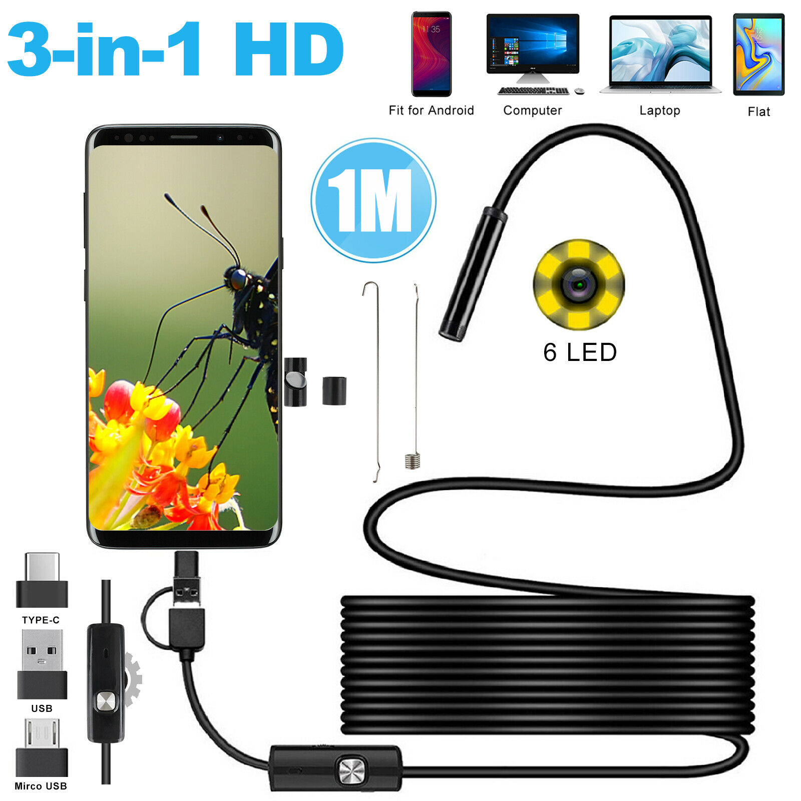Nihlsen For Android Endoscope Waterproof Borescope Inspection Camera 8 LED a long effective focal length 