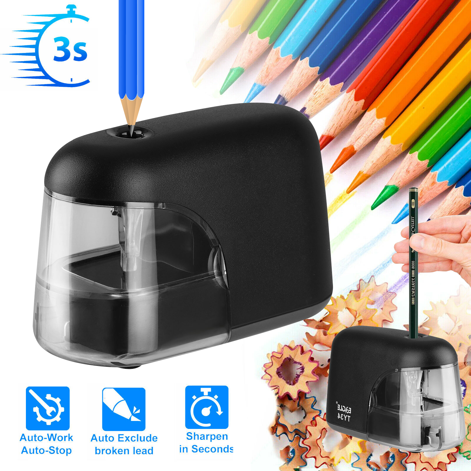 Automatic Pencil Sharpener USB Battery Operated School Stationery Black 