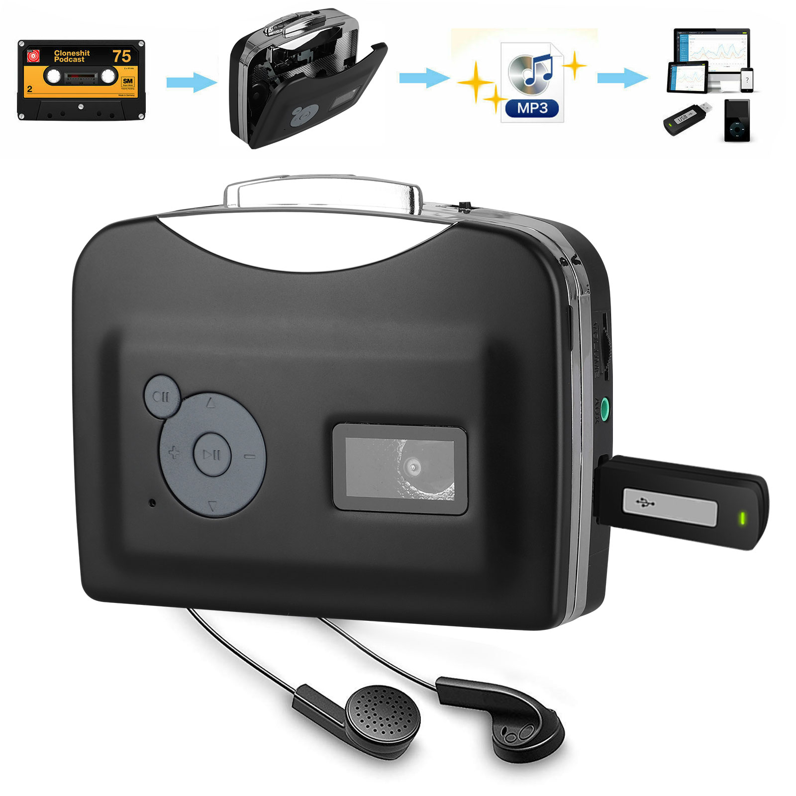 Socobeta Kassettenkonverter Tragbarer Audio-Player Kassetten-MP3-Konverter mit Kopfhörer 