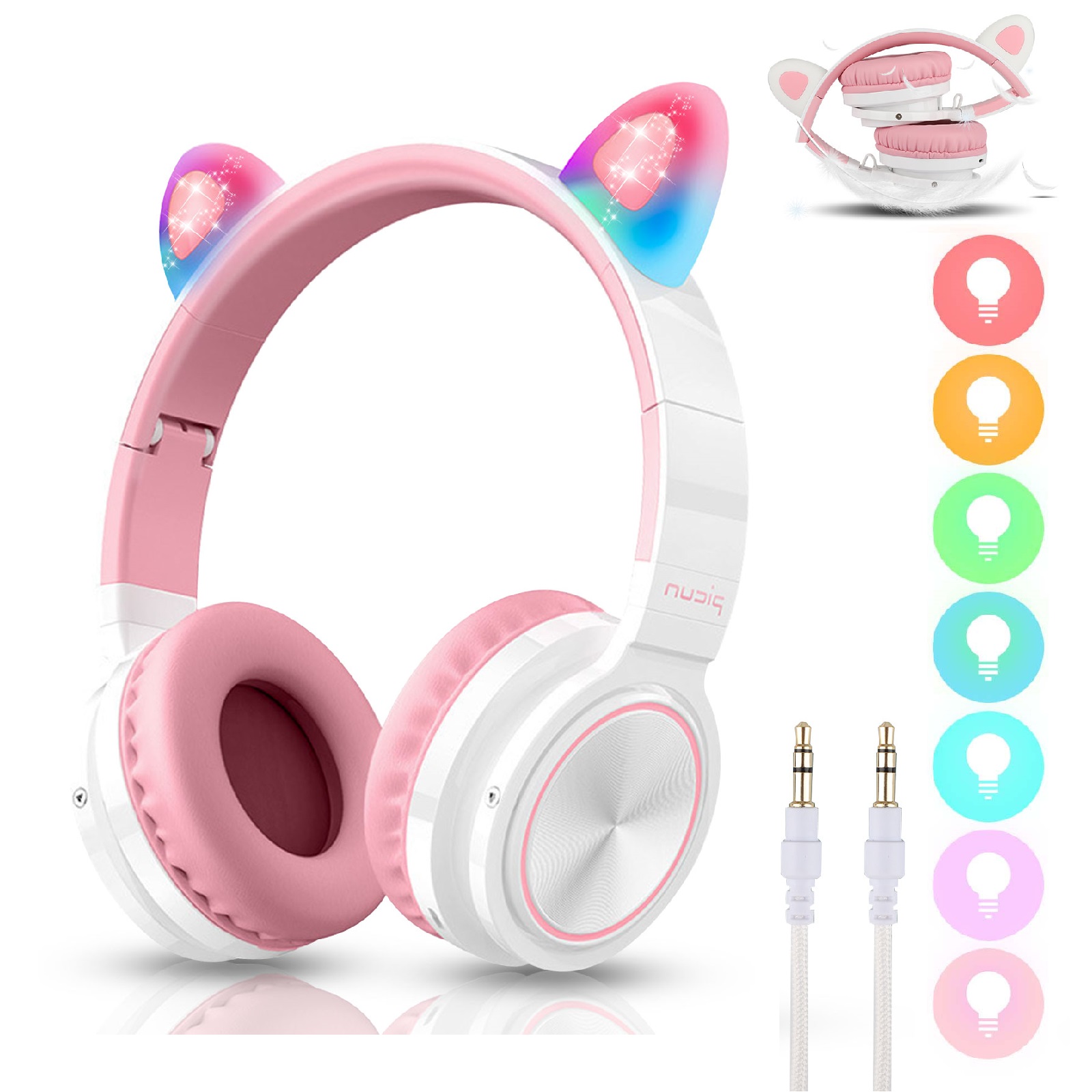 Bluetooth Wireless Cat Rabbit Ear Headsets w/Mic LED Headphones For Kids Adults 
