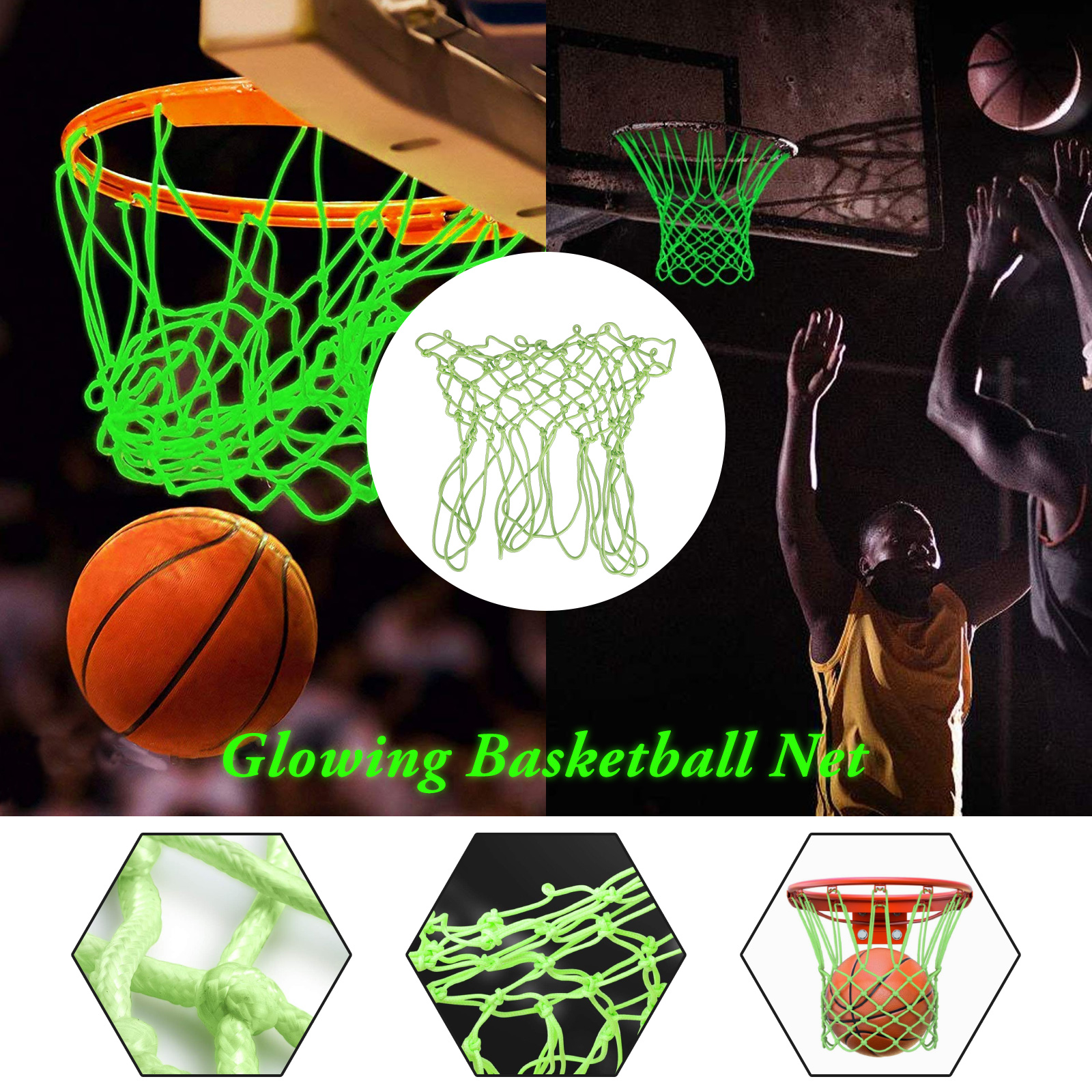 Chezaa Basketball Net Glow in The Dark Luminous Outdoor Sun Powered Sports Nylon Glowing for Kid Adults Teen Boy Gifts Toys Night Game Replacement Portable 