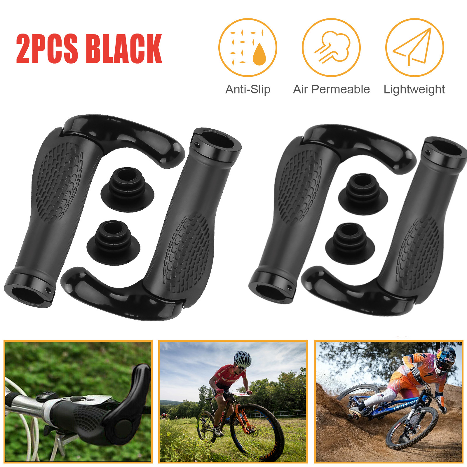 2Pair Ergonomic Mountain Bike Bicycle Anti-Slip Handlebar Grip w/Bar Lock-on End