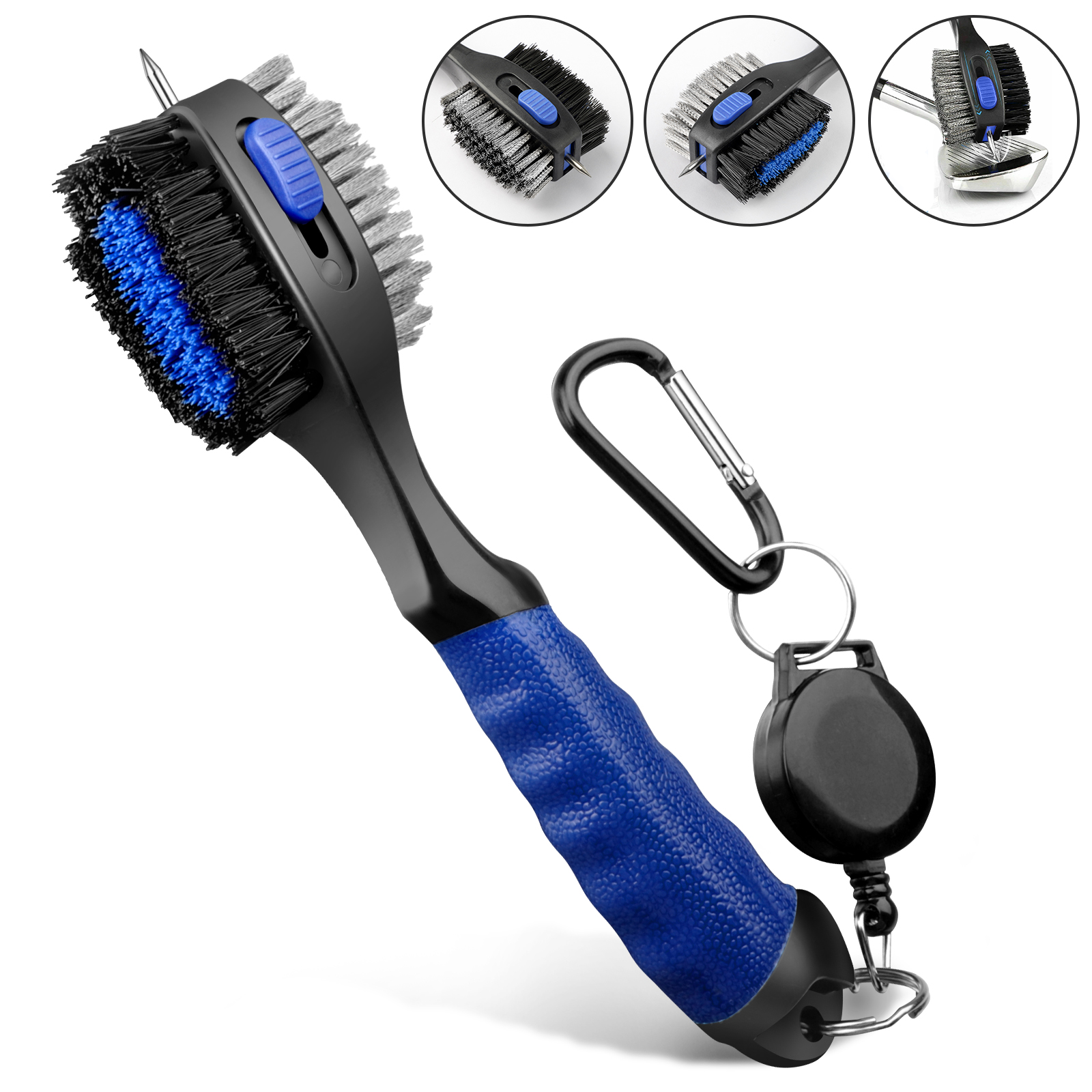3in1 2 Sided Golf Club Brush Groove Cleaner Tool w/Retractable Zipper Carabiner