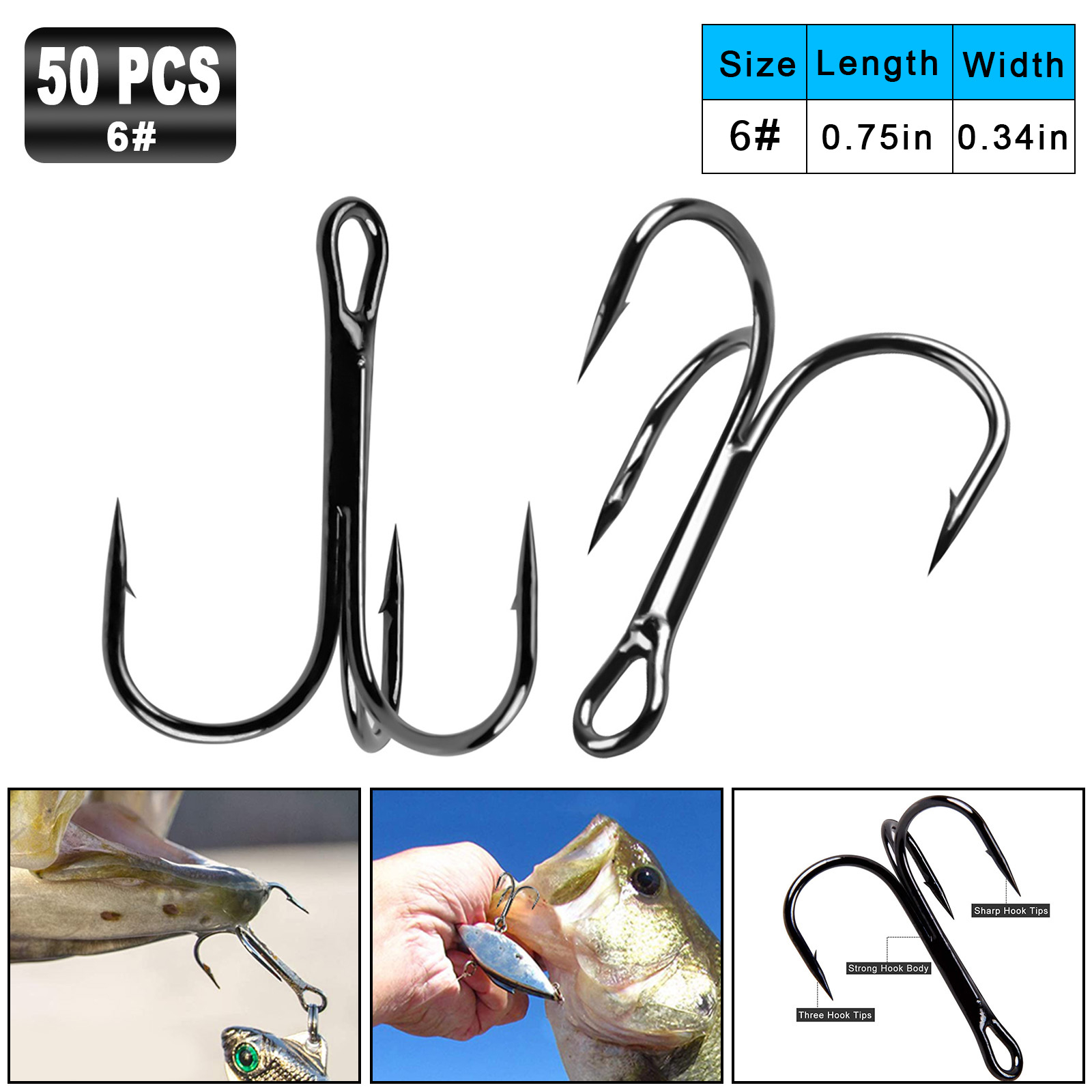 50pcs Box Fishing Hooks Sharp Treble Bait Hook Size 2 4 6 8 10 Fishhook Tackle 