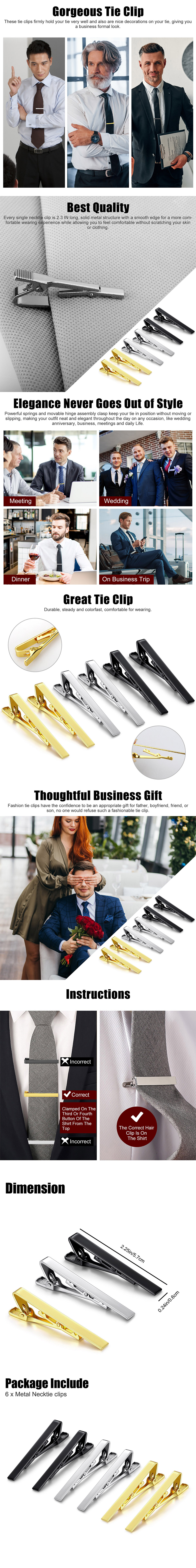 6PCS Mens Stainless Steel Tie Clip Set – Gold, Black, Silver – TheSiliconValley
