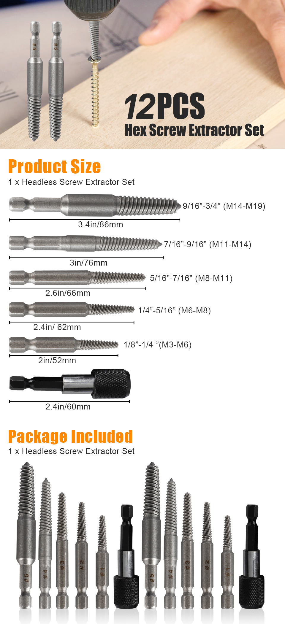 12Pcs Screw Extractor Set, 1/4" Hex Shank – Remove Broken Or Rusted Bolts Easily