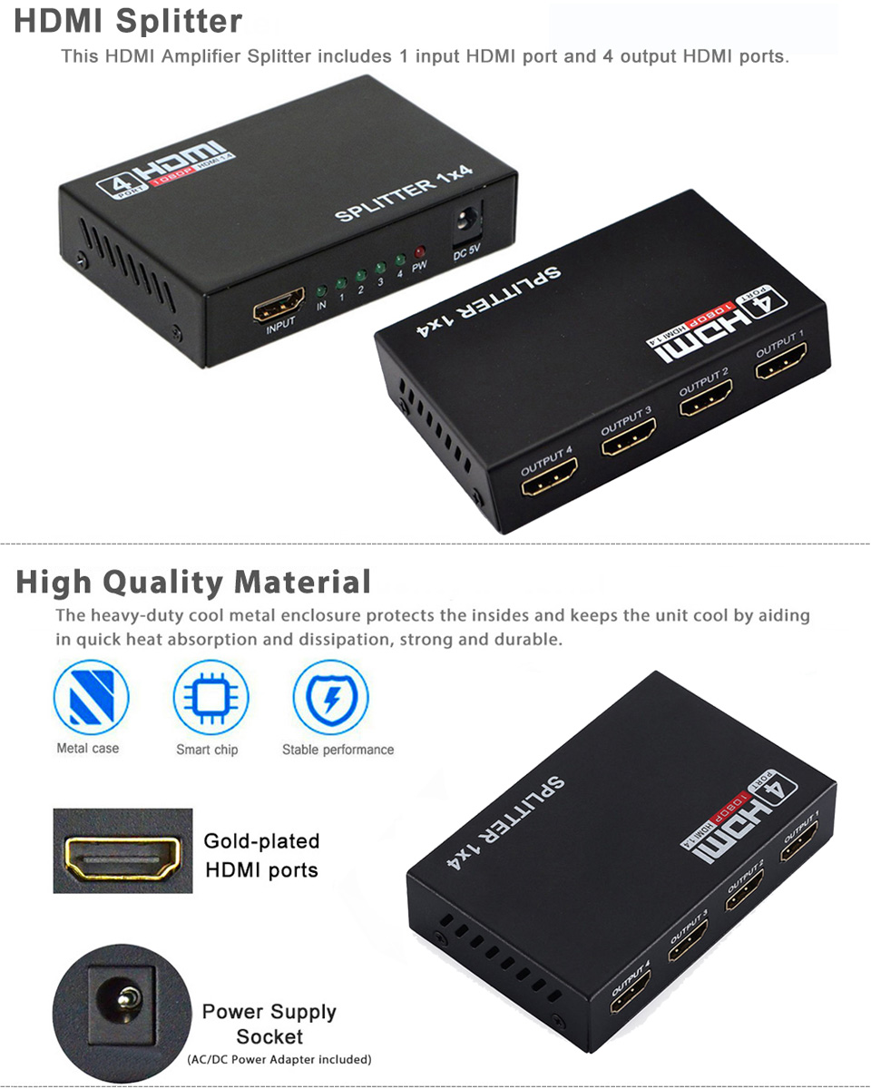 Full HD HDMI Splitter 1X4 4 Port Hub Repeater Amplifier v1.4 3D 1080p 1 In 4 Out